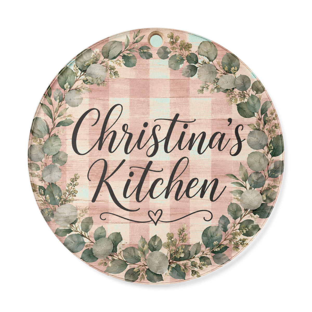 Personalized Round Cutting Board — "Christina's Kitchen" Floral Gingham Serving Board