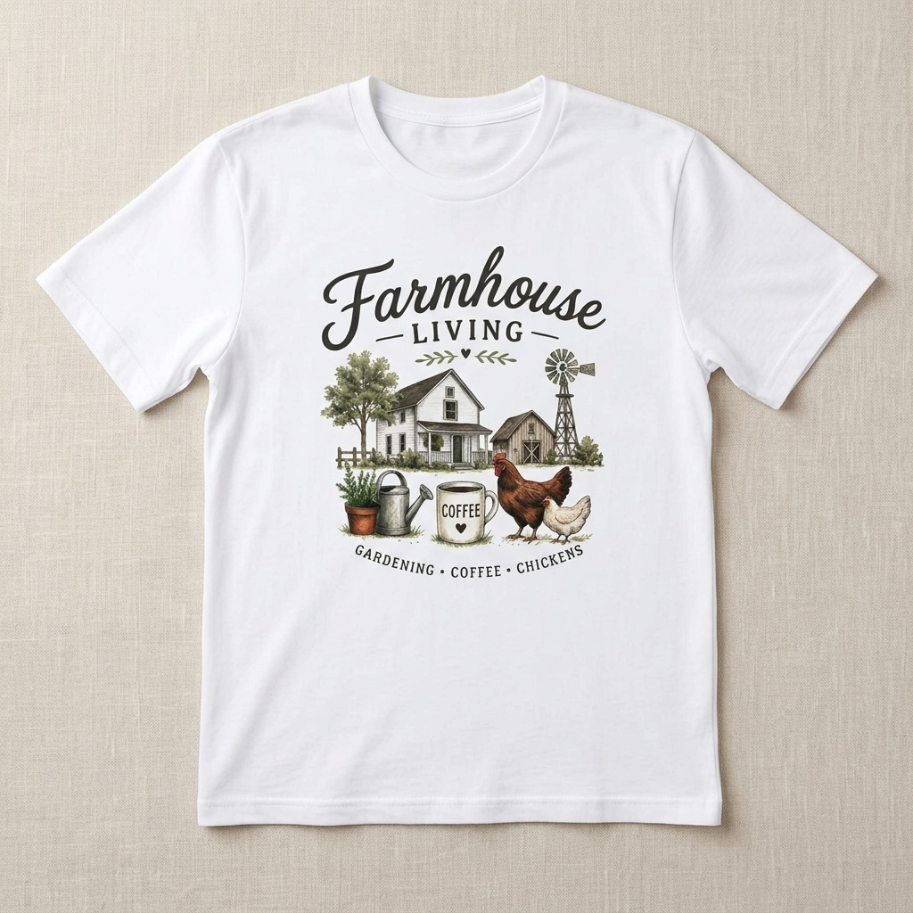 Farmhouse Living T-Shirt — Gardening, Coffee & Chickens Graphic Tee
