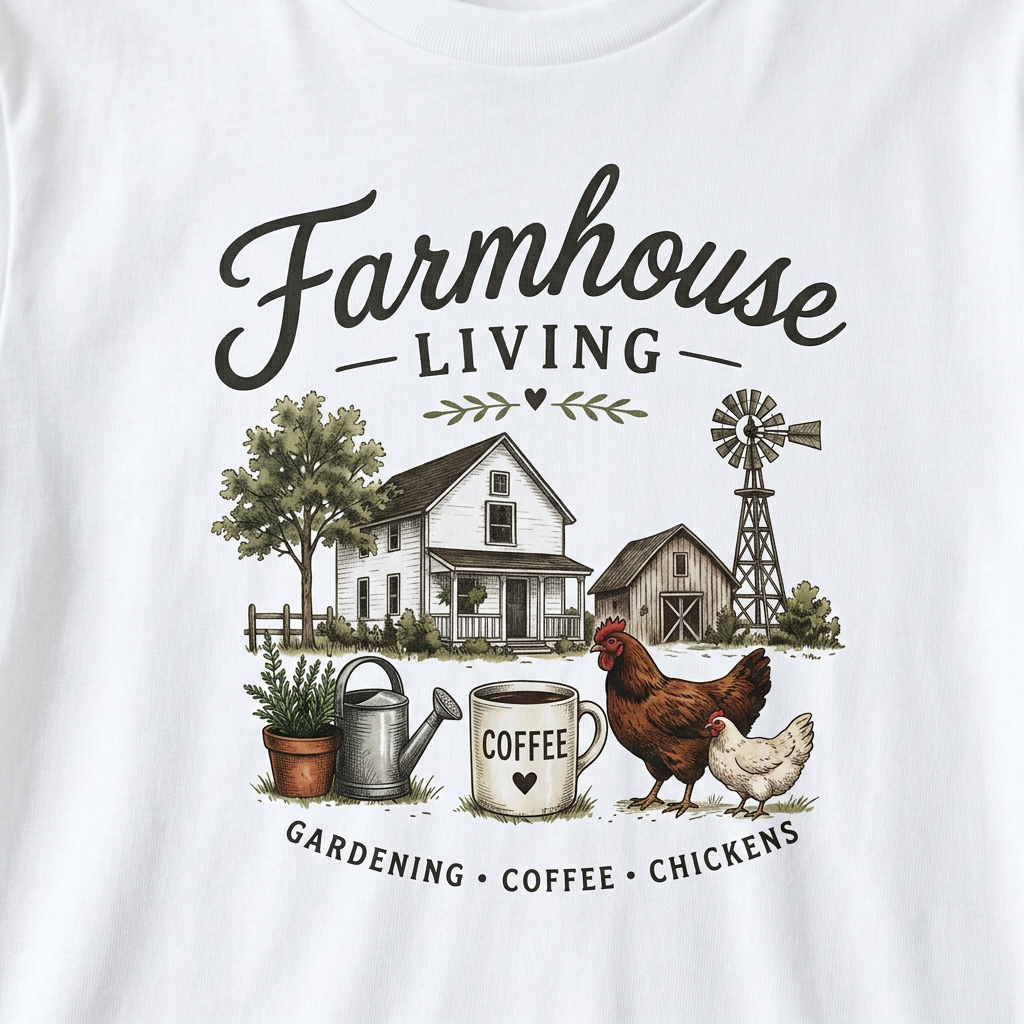 Farmhouse Living T-Shirt — Gardening, Coffee & Chickens Graphic Tee