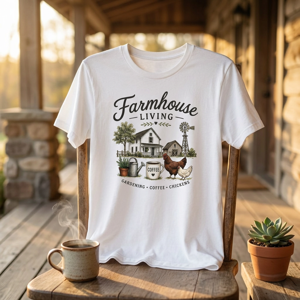 Farmhouse Living T-Shirt — Gardening, Coffee & Chickens Graphic Tee